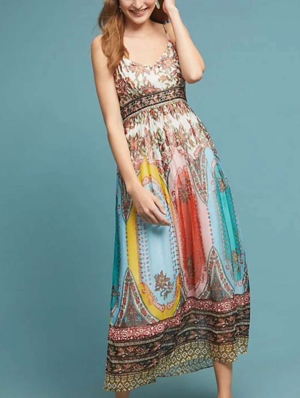 Anthropologie Virginia Boho Printed Smoked Chest Maxi Dress in Multi-Color 10